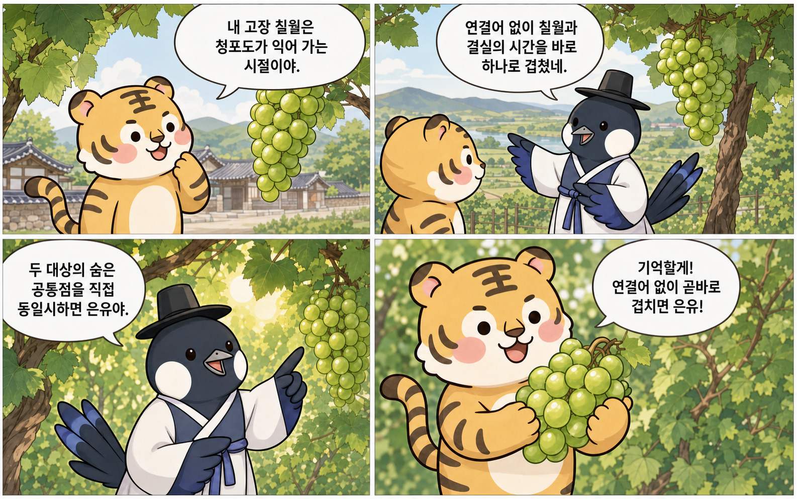 범이와 까선생이 설명하는 은유 4컷 만화 예시