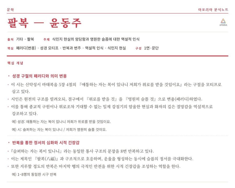 아포리아 분석노트 실제 지면 — 윤동주 「팔복」 핵심 개념 정리